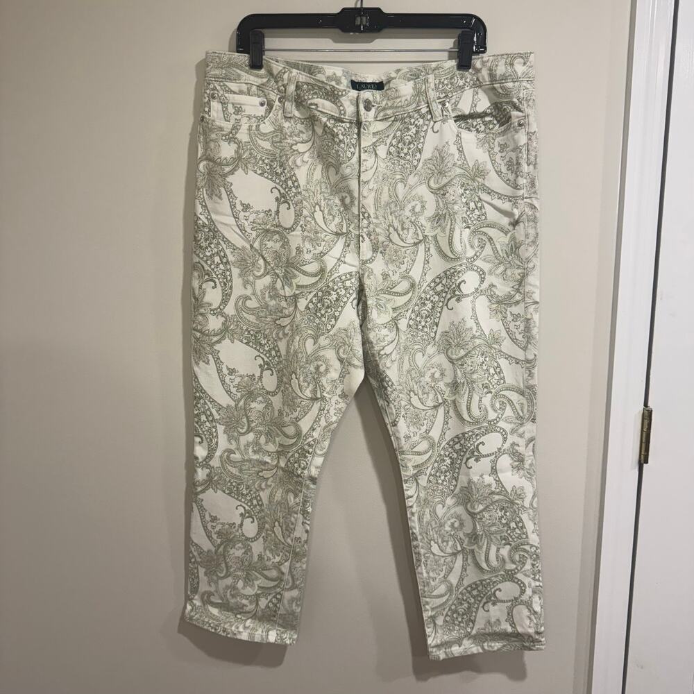 Ralph Lauren LRL Womens White Green Paisley Cropped 5 Pocket Jeans Plus Size 18